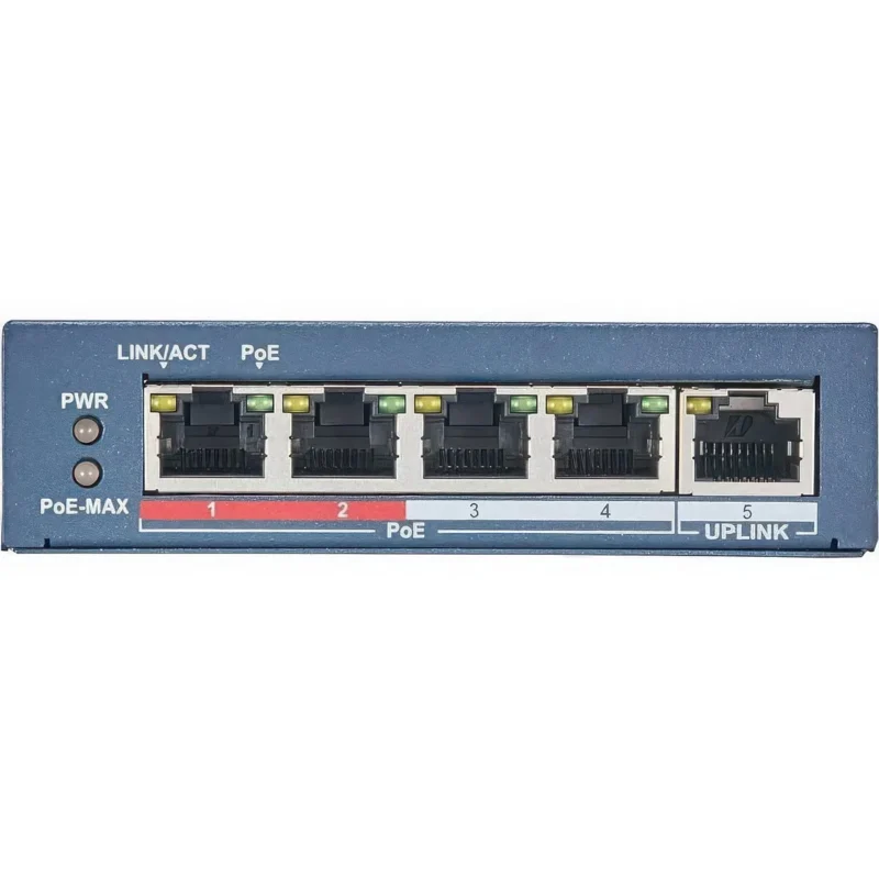 DS-3E0105P-EM Hiksion 5 Port Poe Switch Front View Front view of a Hikvision DS-3E0105P-EM 5-port Poe switch
