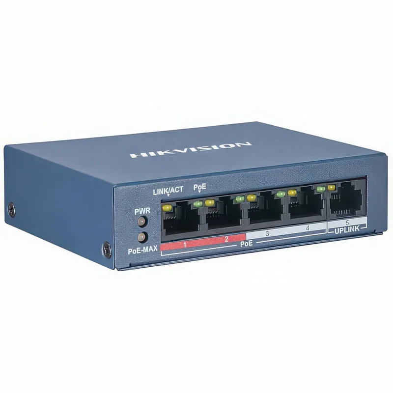 DS-3E0105P-EM Hiksion 5 Port Poe Switch Side View Side view of a Hikvision DS-3E0105P-EM 5-port Poe switch