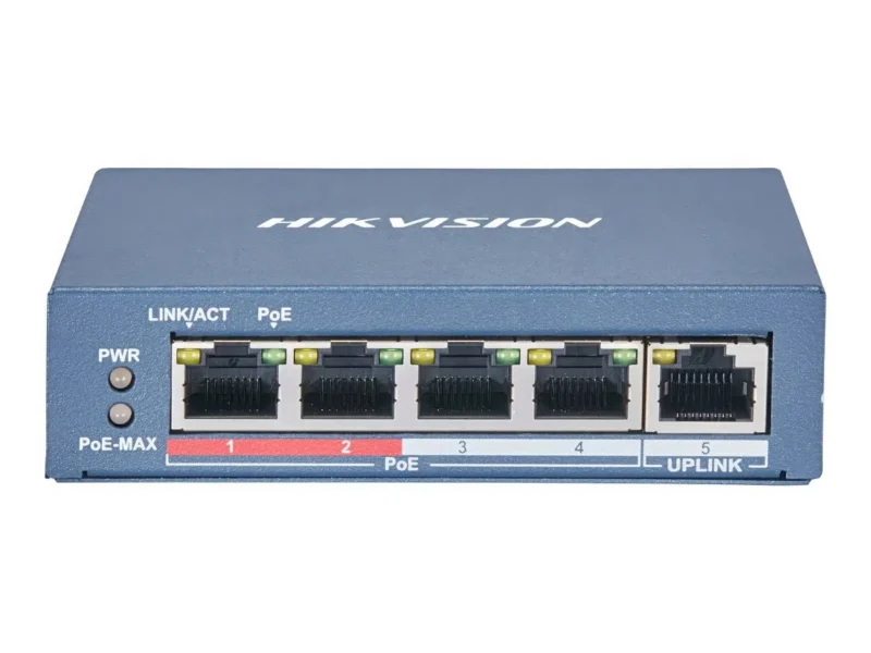 DS-3E0105P-EM Hiksion 5 Port Poe Switch Upper View Top view of a Hikvision DS-3E0105P-EM 5-port Poe switch