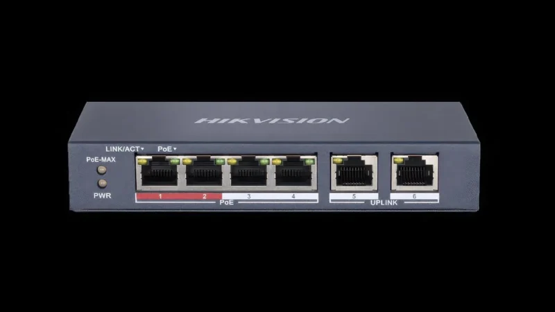 DS-3E0106P-EM Hiksion 6 Port Poe Switch Front View Front view of a Hikvision DS-3E0106P-EM 6-port Poe switch