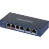 DS-3E0106P-EM Hiksion 6 Port Poe Switch Upper View Top view of a Hikvision DS-3E0106P-EM 6-port Poe switch