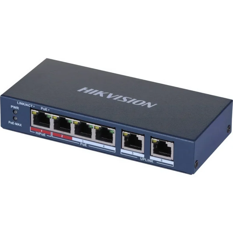 DS-3E0106P-EM Hiksion 6 Port Poe Switch Upper View Top view of a Hikvision DS-3E0106P-EM 6-port Poe switch