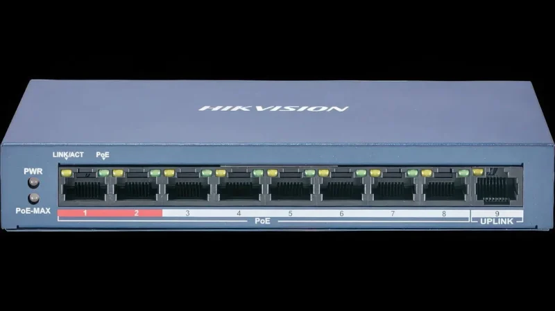 DS-3E0109P-EM Hikvision 9 Port Poe Switch Upper View Top view of a Hikvision DS-3E0109P-EM 9-port Poe switch