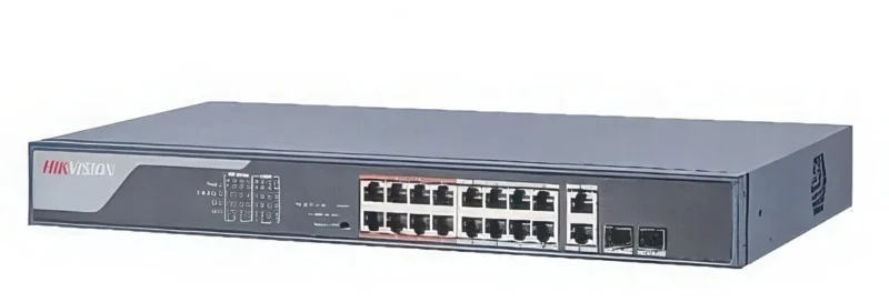 DS-3E0318P-EM Hikvision 16 Port Poe Switch Front Side View Front view of a Hikvision DS-3E0318P-EM 16-port Poe switch