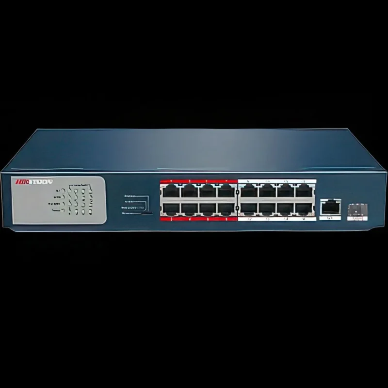 DS-3E0318P-EM Hikvision 16 Port Poe Switch Front View Hikvision DS-3E0318P-EM 16-port PoE switch, front view