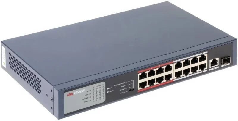 DS-3E0318P-EM Hikvision 16 Port Poe Switch Upper Side view Top side view of a Hikvision DS-3E0318P-EM 16-port Poe switch